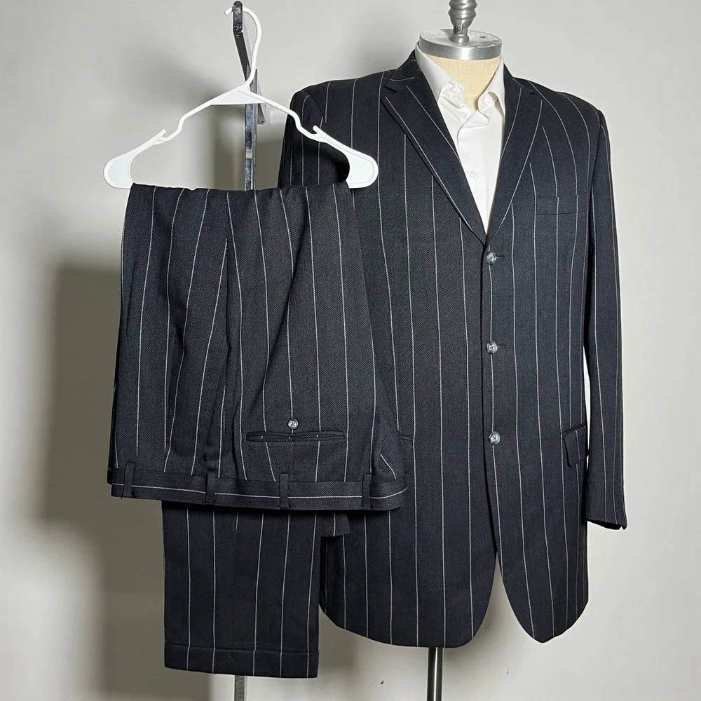 Paul Fredrick Suit Mens 46XL 42x33 Charcoal Pinstripe 3-Button 100% Wool